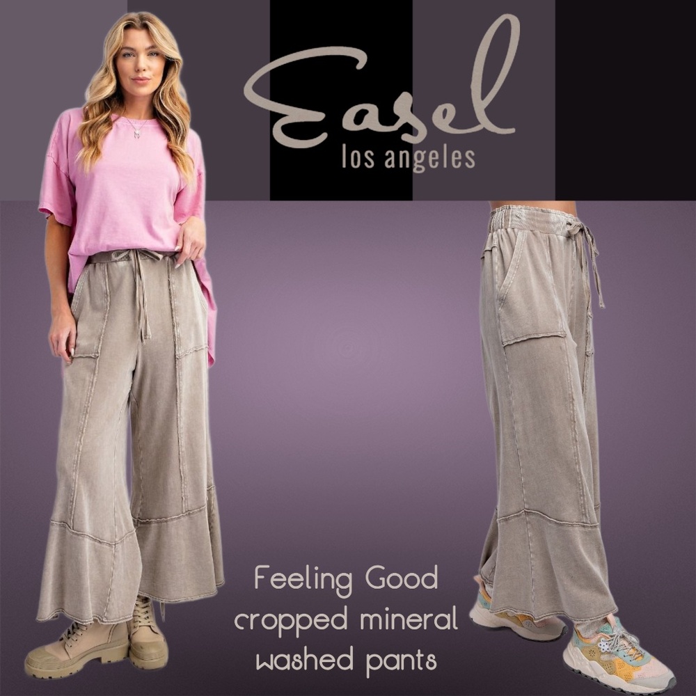 EASEL 🌻IN STOCK🌻 “Feeling Good" Mineral Wash Flared Leg Pants Pockets Raw Seam